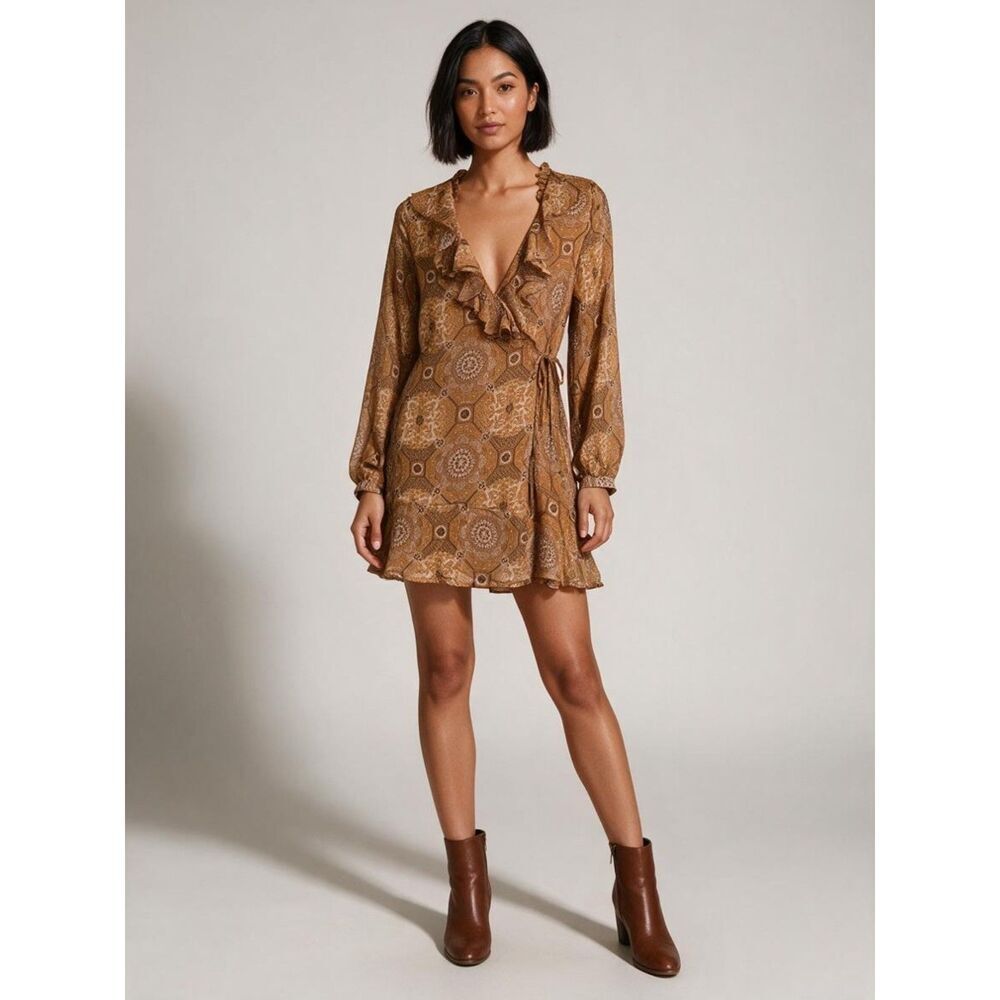 NWT Lulus 70s Style Gold Boho Mosaic Tile Ruffle Long Sleeve Wrap Mini Dress S